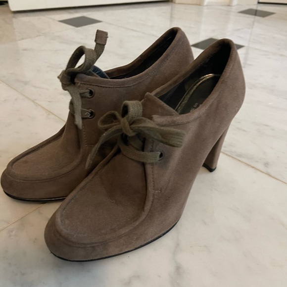 Stuart Weitzman Women's Suede Lace Up Loafer High Heels 3.75" Taupe Size 6.5M - Picture 4 of 5